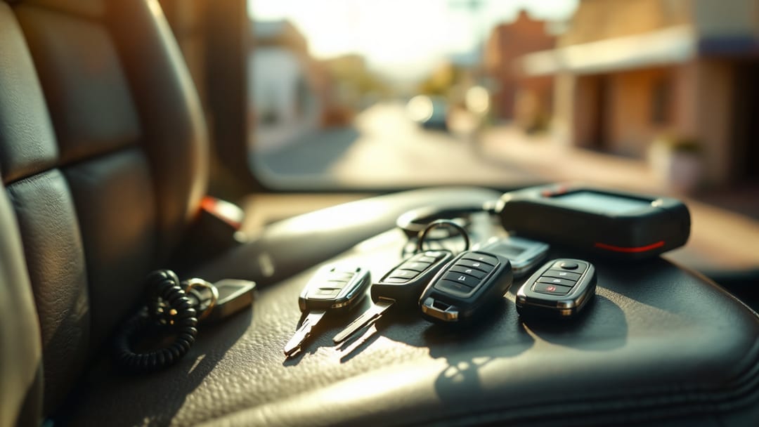 Llaves con chip transponder de varias marcas sobre el asiento de una camioneta estacionada en una calle del este de El Paso al atardecer