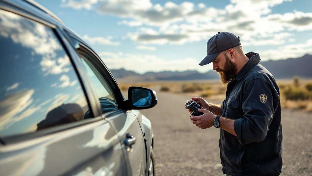 Cerrajero anotando el número VIN desde el parabrisas de un carro en un estacionamiento soleado de El Paso con las Montañas Franklin al fondo