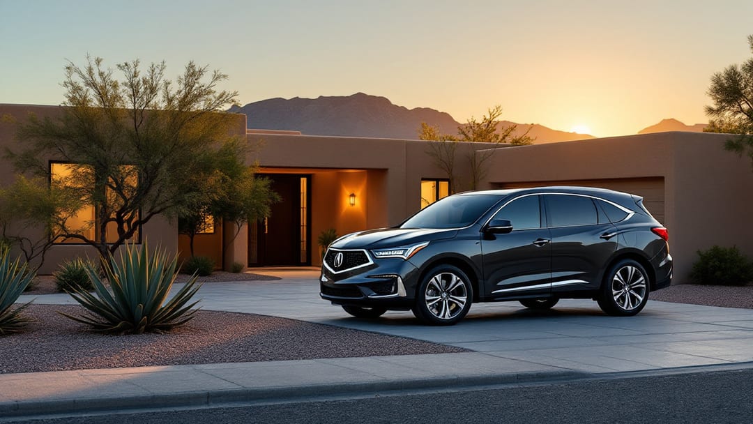 Acura MDX oscura estacionada en la cochera de una casa del Westside de El Paso con jardín de grava y montañas Franklin al fondo