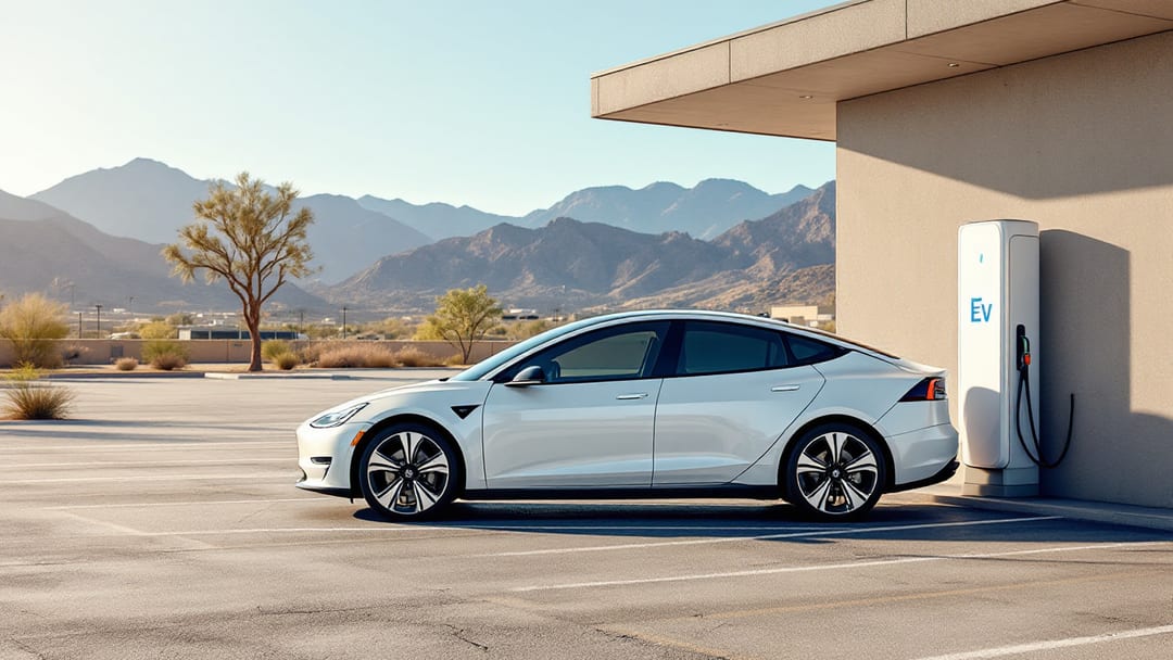 Tesla eléctrico estacionado junto a un cargador en un estacionamiento de El Paso con el desierto y montañas al fondo