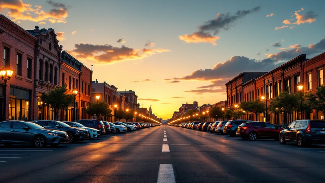 Estacionamiento al aire libre en el centro de El Paso al anochecer con carros y edificios bajos iluminados