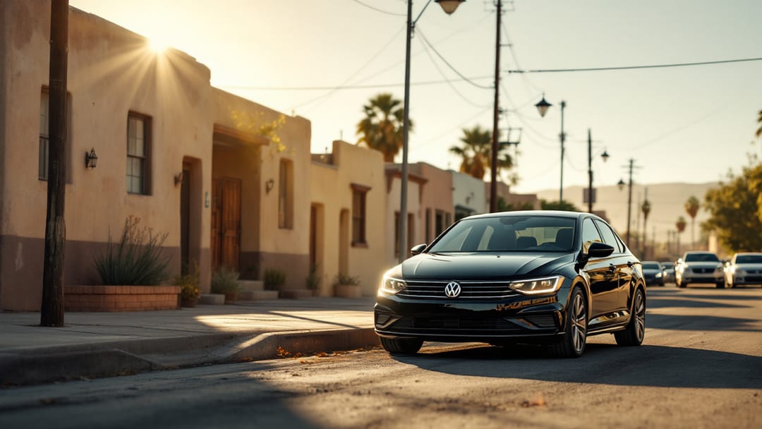 Volkswagen Jetta sedán negro estacionado junto a una banqueta en un barrio del centro de El Paso con muros de adobe y luz de la mañana