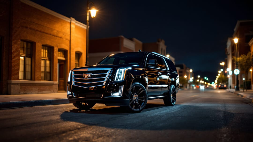 Cadillac Escalade negra estacionada en una calle del centro de El Paso de noche con luces urbanas reflejadas en la pintura