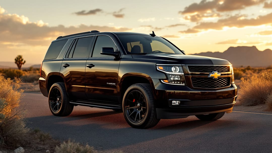 Chevrolet Tahoe negra estacionada junto a la I-10 en El Paso al atardecer con el desierto y las montañas al fondo