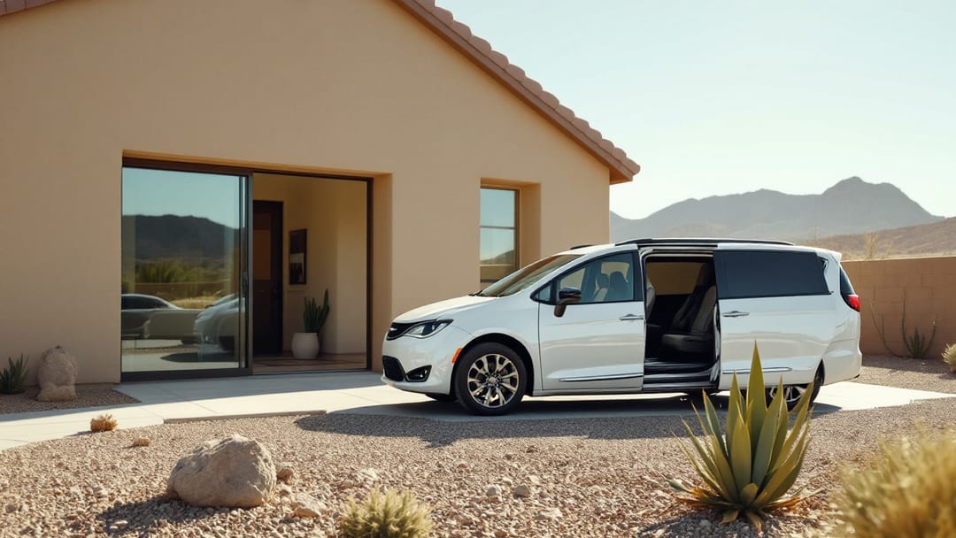 Chrysler Pacifica estacionada frente a una casa de estuco en East El Paso con puertas corredizas abiertas y luz de mediodía