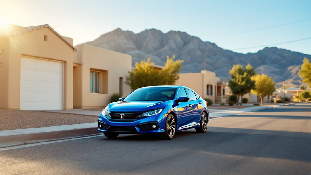 Honda Civic azul estacionado en una calle residencial del Northeast de El Paso con montañas al fondo y sol de la mañana