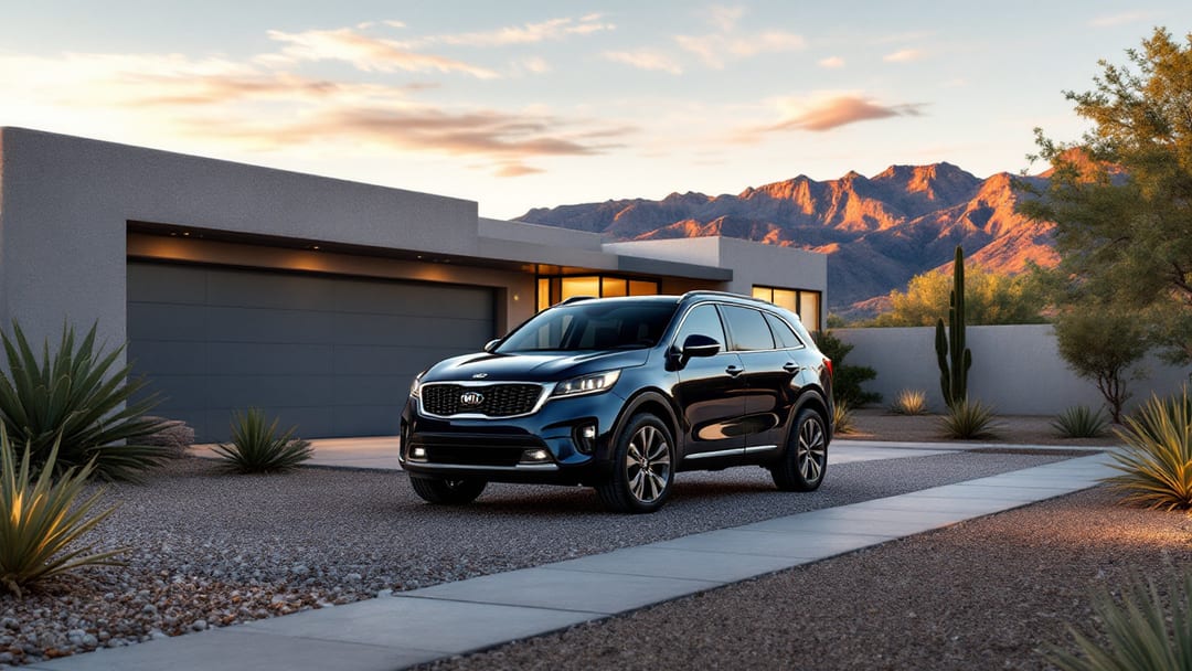 Kia Sorento estacionada frente a una casa del Westside de El Paso con jardín de grava y montañas Franklin al atardecer