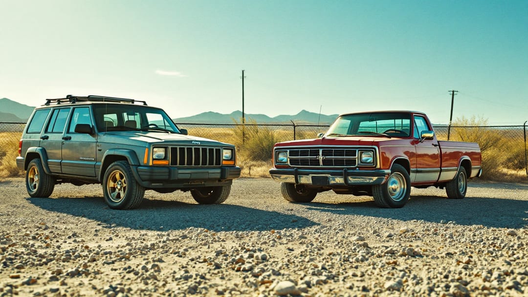 Jeep Liberty y pickup Dodge Dakota estacionadas en un lote de grava del noreste de El Paso con montañas y cielo despejado