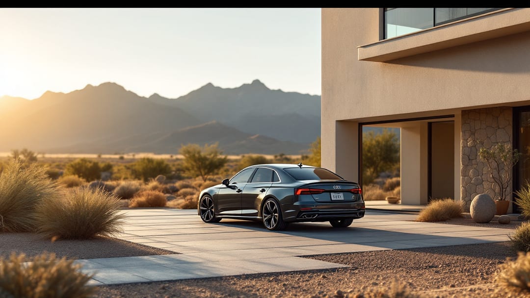 Audi sedán estacionado frente a una casa moderna del Westside de El Paso con las montañas Franklin al fondo