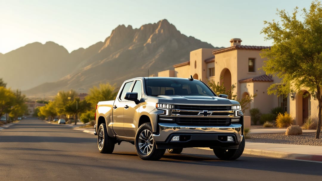 Chevrolet Silverado estacionada en una calle de estuco del Westside de El Paso con las montañas Franklin al fondo por la mañana