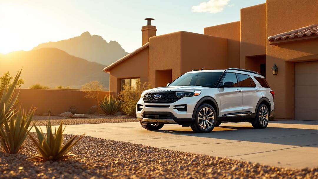 Ford Explorer estacionada en un vecindario de estuco del Westside de El Paso con las montañas Franklin al fondo