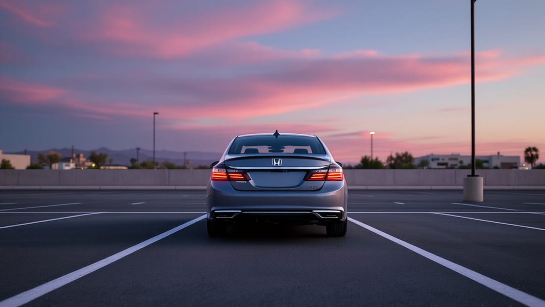 Honda Accord sedán gris estacionado en el estacionamiento de un centro comercial del este de El Paso al anochecer con luces encendidas