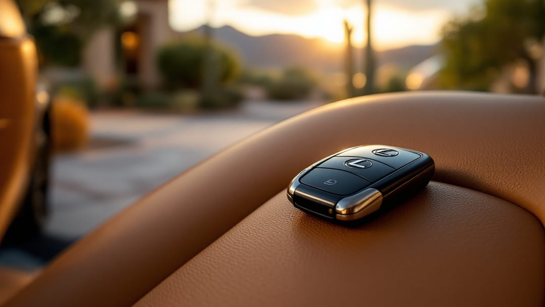 Llave inteligente Smart Access de un Lexus sobre el asiento de piel de un SUV de lujo estacionado en el Westside de El Paso con las Montañas Franklin al fondo