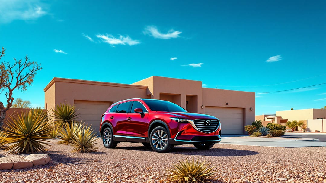 Mazda CX-9 roja estacionada frente a una casa del este de El Paso con jardín de grava y cielo azul intenso del desierto
