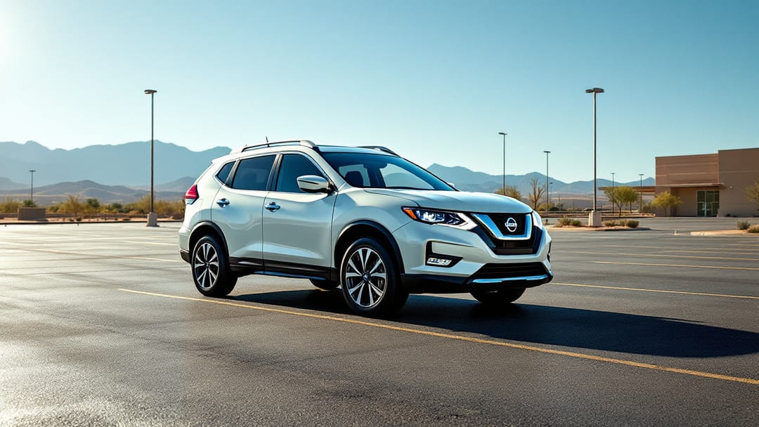 Nissan Rogue blanca estacionada en el estacionamiento de un centro comercial de El Paso con montañas del desierto al fondo