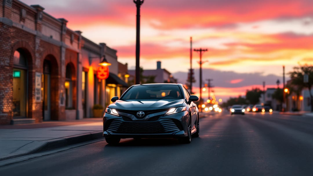 Toyota Camry gris estacionada en una calle del centro de El Paso al atardecer con edificios bajos y cielo del desierto