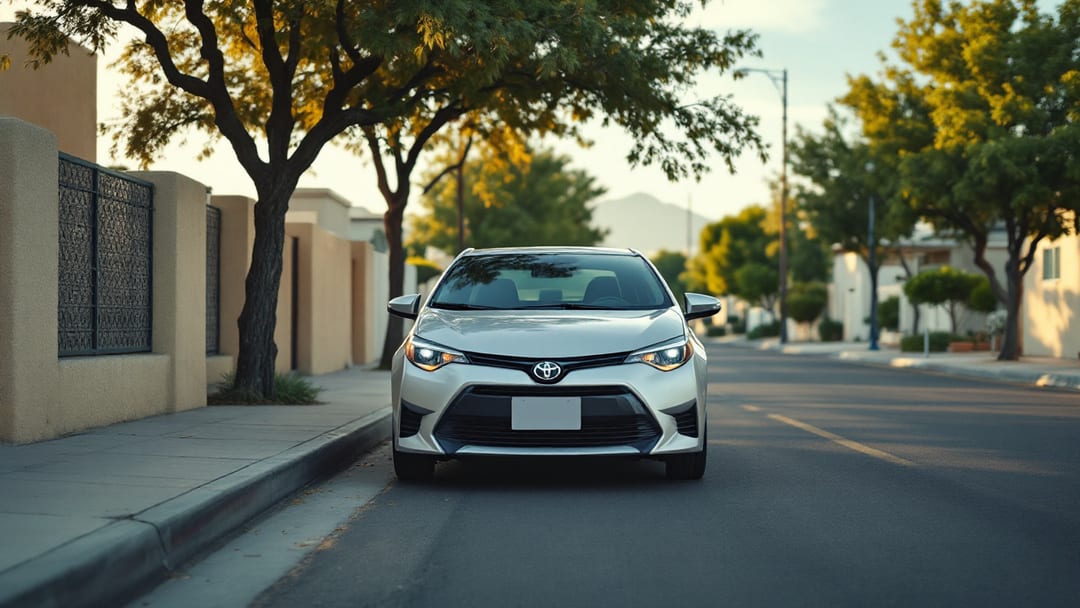 Toyota Corolla sedán plateado de generación pasada estacionado en una calle del centro de El Paso con edificios bajos y el sol de la tarde