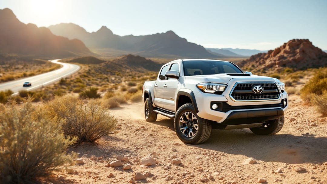 Toyota Tacoma estacionada en el desierto de El Paso junto a las montañas Franklin con una smart key sobre el asiento