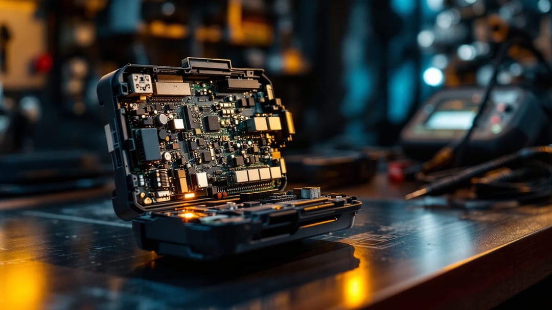 Mesa de trabajo con módulo electrónico automotriz abierto y equipo de programación en un taller móvil de El Paso