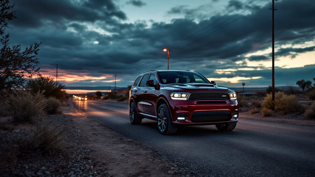 Dodge Durango estacionada en una calle de Horizon City con el desierto y el cielo del atardecer al fondo