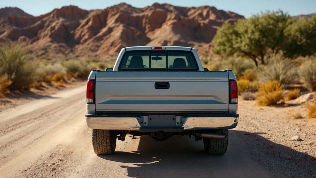 Pickup GMC Sierra de trabajo estacionada en un lote de terracería en el valle bajo de El Paso con polvo y montañas al fondo