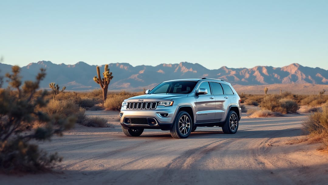 Jeep Grand Cherokee estacionada en un camino de terracería del desierto cerca de El Paso con las montañas Franklin al amanecer