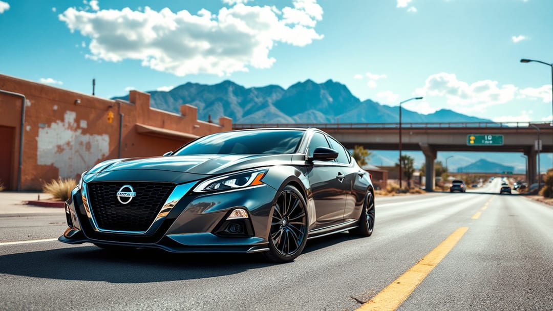 Nissan Altima estacionada en una calle de El Paso bajo el sol del desierto con las montañas Franklin al fondo