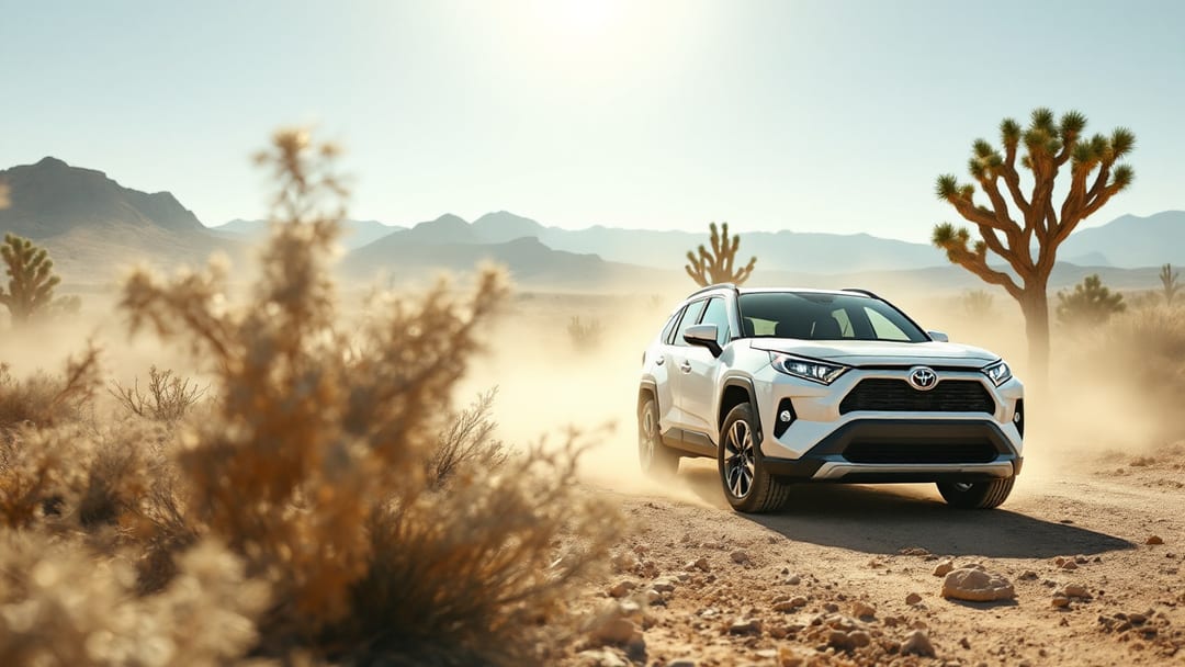 Toyota RAV4 blanca estacionada en un camino de terracería con polvo del desierto cerca de Horizon City, El Paso, bajo un cielo despejado