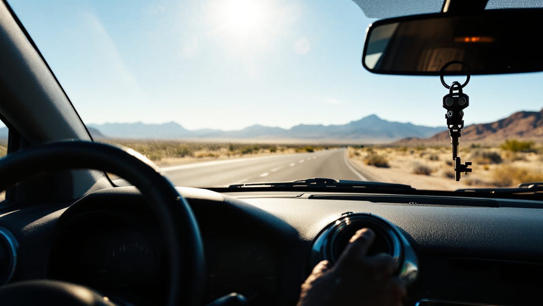 Interior de un carro estacionado bajo el sol del desierto de El Paso con el cilindro de ignición en primer plano y la I-10 y las Montañas Franklin al fondo